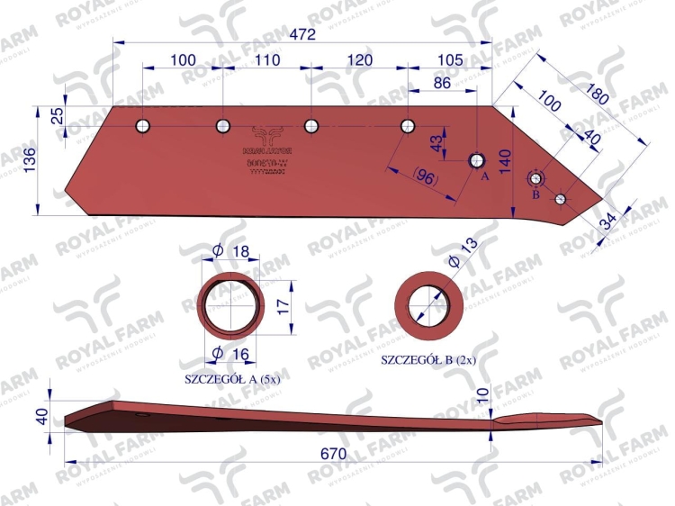 Lemiesz prawy 18" Kverneland 073006 stal borowa Royal Farm rysunek techniczny