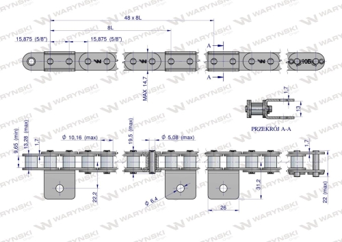 Łańcuch C10B (R1 5/8) przenośnika Kombajnu do Porzeczek 48 łopatek Waryński 2