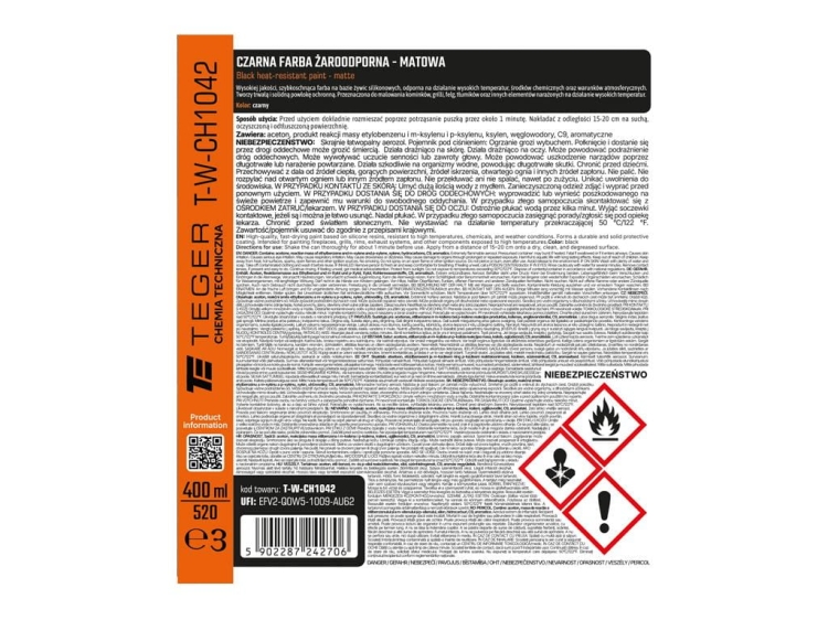 Czarna farba żaroodporna - matowa 400ml Teger 3