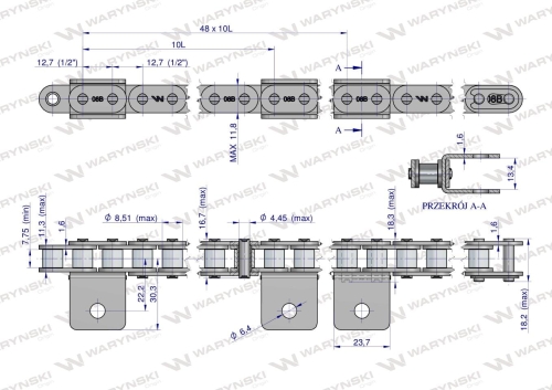 Łańcuch C08B (R1 1/2) przenośnika Kombajnu do Porzeczek 48 łopatek Waryński rysunek techniczny