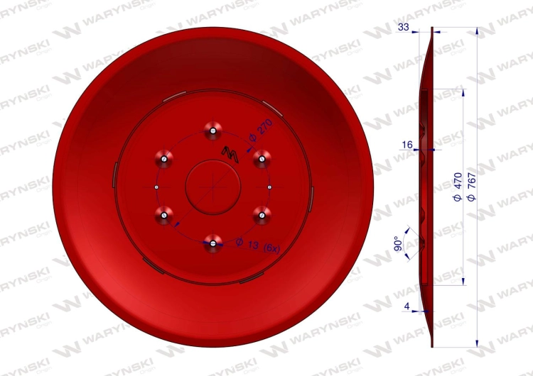Talerz ślizgowy Kosiarka rotacyjna 1,65 m gr. 4mm Waryński RYSUNEK TECHNICZNY