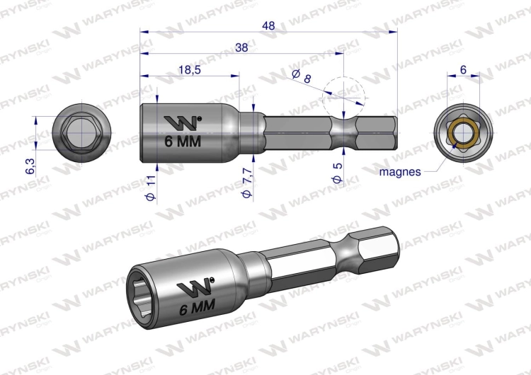 Nasadka 6mm z uchwytem narzędziowym do wkretarki długość 48 mm Waryński  2