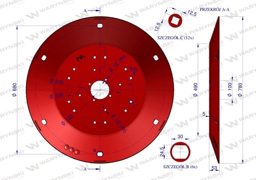 Talerz roboczy Kosiarka rotacyjna 1.65 m gr. 5mm kwadratowe otwory Waryński 2