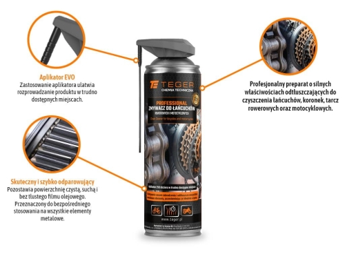Zmywacz do łańcuchów rowerowych i motocyklowych PROFESSIONAL z aplikatorem EVO 500ml Teger 2