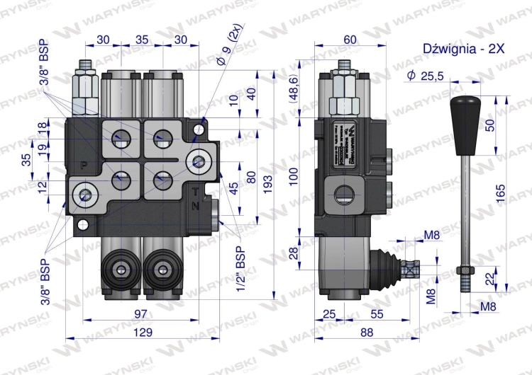 Rozdzielacz hydrauliczny 2-sekcyjny max przepływ 40L z zatrzaskami Waryński 5