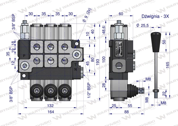 Rozdzielacz hydrauliczny 3-sekcyjny max przepływ 40L Waryński 5