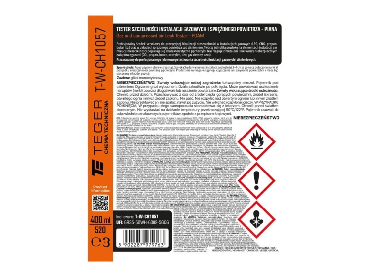 Tester szczelności instalacji gazowych i sprężonego powietrza - piana 400 ml Teger 3