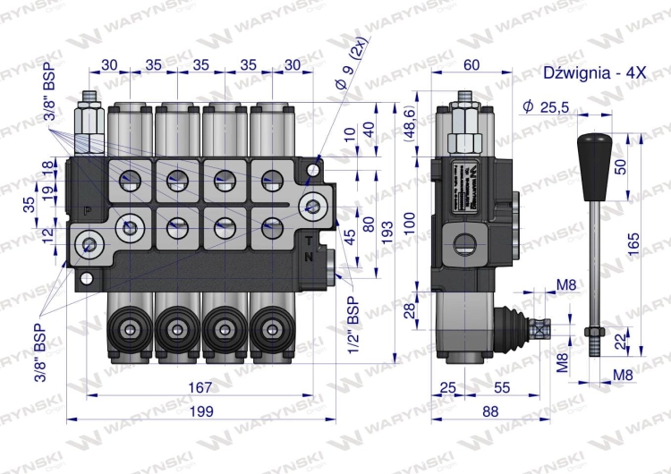 Rozdzielacz hydrauliczny 4-sekcyjny max przepływ 40L (1-sekcja nurnikowa) Waryński 3