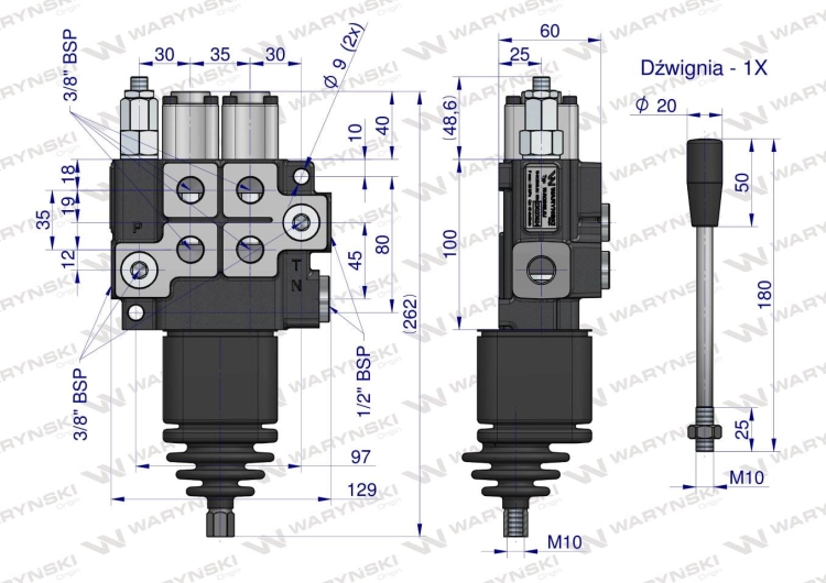Rozdzielacz hydrauliczny 2-sekcyjny max przepływ 40L z joystickiem Waryński 5
