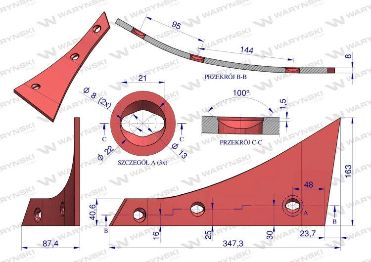 Pierś odkładni prawa trzyotworowa 073256 Kverneland stal borowa Waryński 3