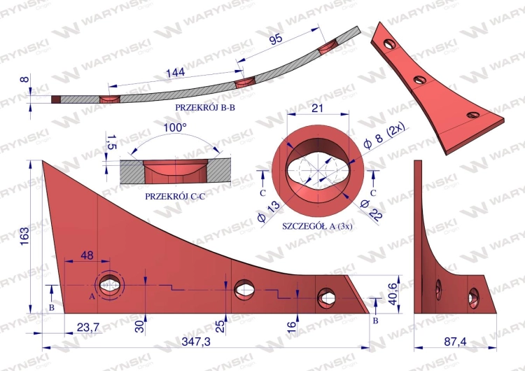 Pierś odkładni lewa trzyotworowa 073257 Kverneland stal borowa Waryński 3