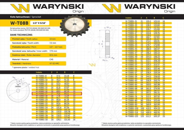 Koło zębate hartowane tarcza 08B-1 (R1 1/2) Z-17 Waryński 3