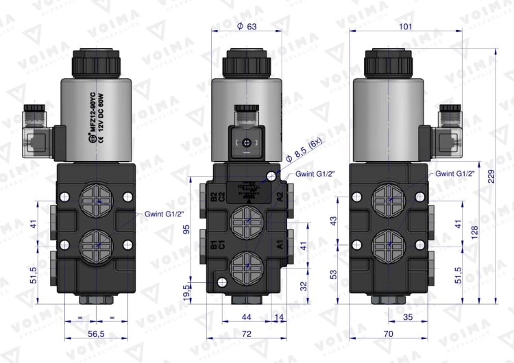 Dzielnik zawór elektrozawór kierunkowy elektromagnetyczny kontroli (SVV6/2-90L) 12V DC 6/2 G1/2 80L VOIMA 2
