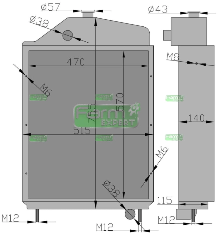 Chłodnica miedziana C-1612/1614 RM 6-cylindrowy dolne mocowanie turbo C-38 3