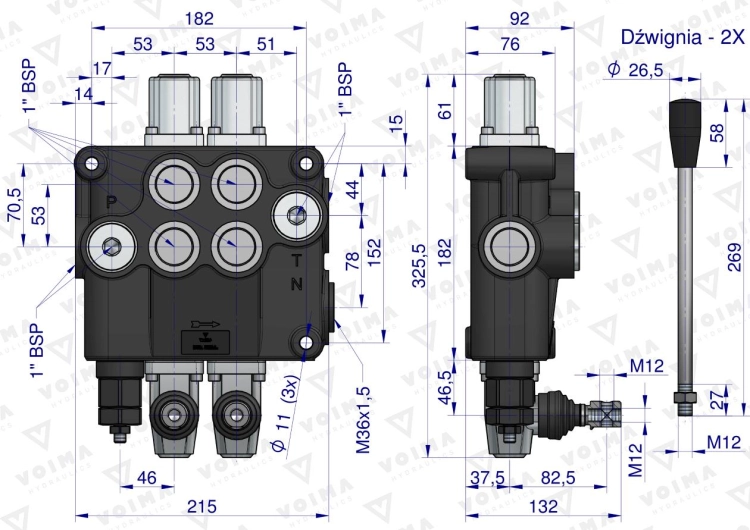 Rozdzielacz hydrauliczny 2-sekcyjny 120L VOIMA 3
