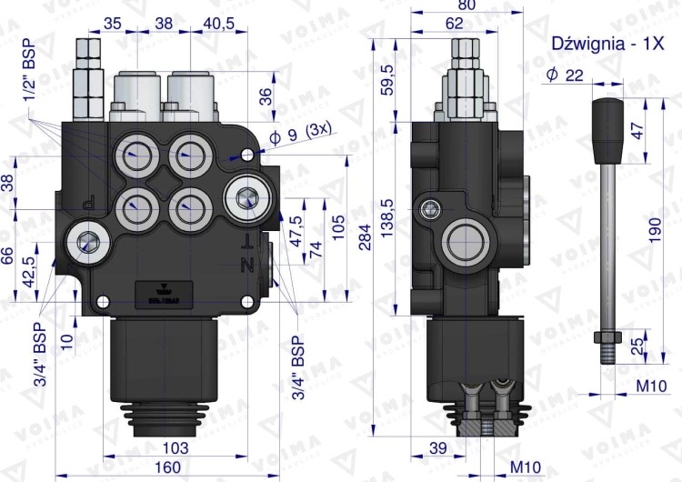 Rozdzielacz hydrauliczny 2-sekcyjny 80L z joystickiem VOIMA 3