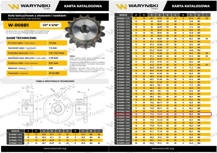 Koło łańcuchowe hartowane 08B1 (R1 1/2) Z-18 otwór 25mm Waryński 3