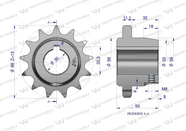 Koło łańcuchowe stalowe hartowane Z-13 3/4" fi-30 z piastą tuleją 2219060080 Rozrzutnik Waryński 3
