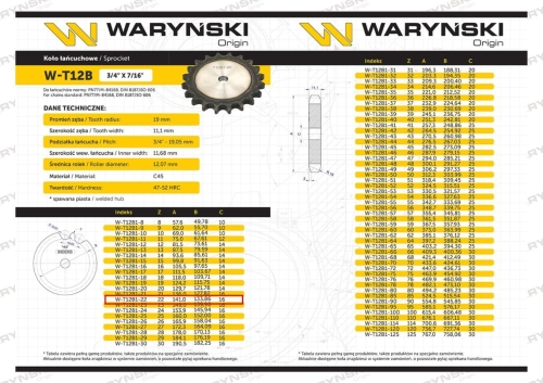 Koło zębate hartowane tarcza 12B-1 (R1 3/4) Z-22 Waryński 2