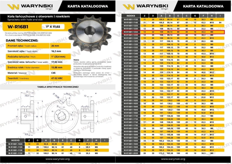 Koło łańcuchowe hartowane 16B1 (R1 1) Z-12 otwór 32mm Waryński 3
