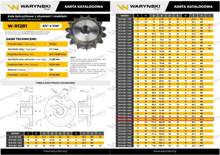 Koło łańcuchowe hartowane 12B1 (R1 3/4) Z-16 otwór 40mm Waryński 3