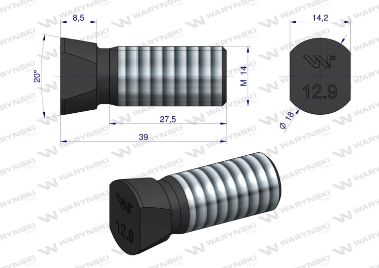 Śruba kpl. płużna oval z dwóch stron ścięta M14x39 mm kl.12.9 zastosowanie Vogel & Noot Waryński M14X39OV2VN 4