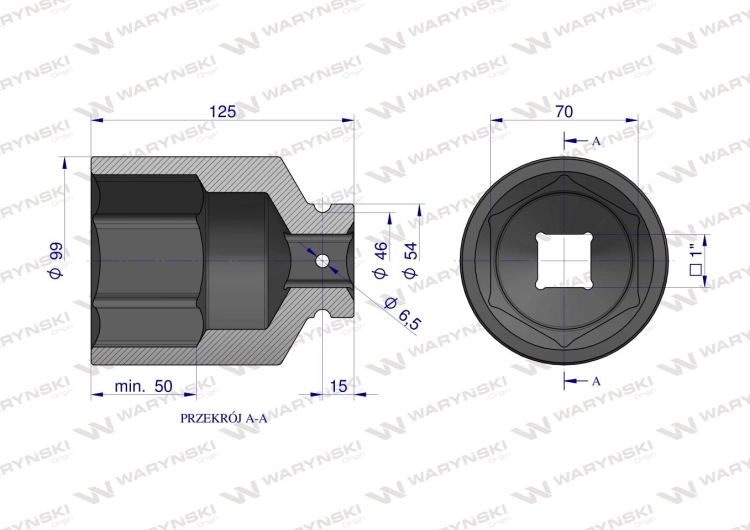 Nasadka udarowa sześciokątna 1" 70mm bardzo długa 125mm CrMo Waryński 3