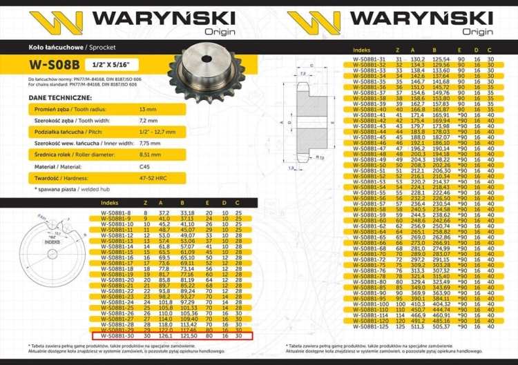 Koło zębate hartowane z kołnierzem 08B-1 (R1 1/2) Z-30 Waryński 3