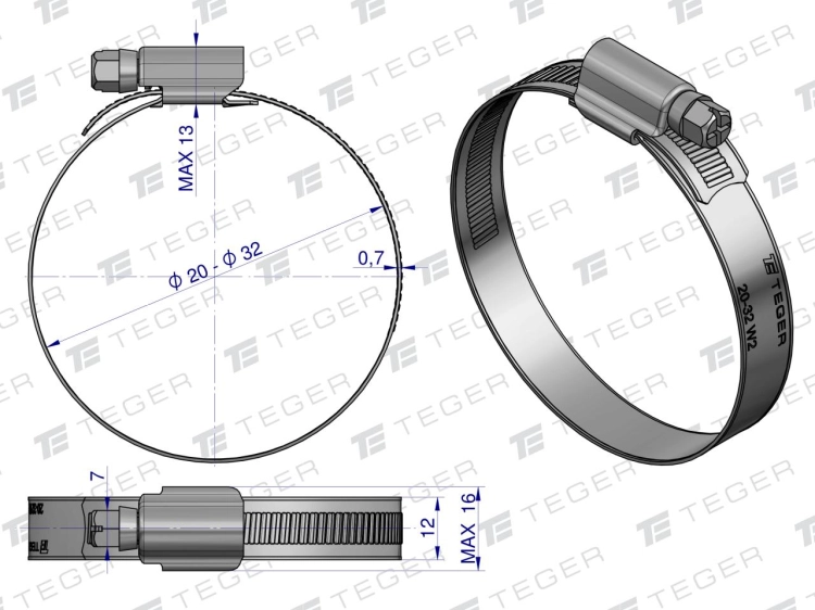 Opaska zaciskowa wzmocniona 20-32 ślimakowa (obejma W2 - stal nierdzewna) szerokość 12mm (blister) TEGER 3