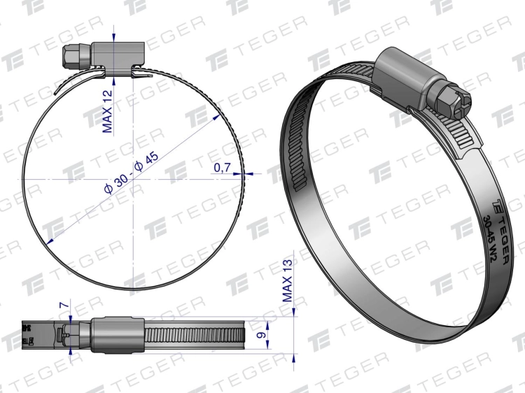 Opaska zaciskowa 30-45 ślimakowa (obejma W2 - stal nierdzewna) szerokość 9mm (blister) TEGER 3