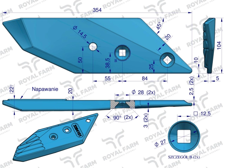 Dłuto nakładka lemiesza lewa 3364151 Lemken Pług stal borowa Royal Farm 3