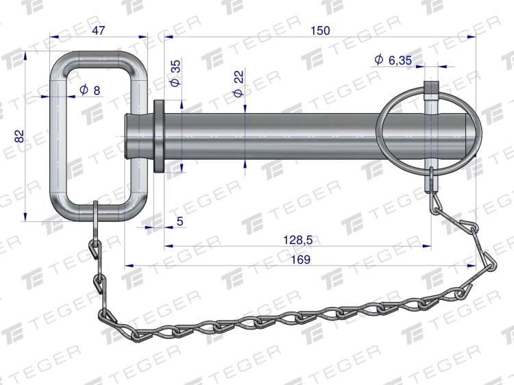 Sworzeń zaczepu z zawleczką i łańcuchem 22x128.5x150 TEGER 3