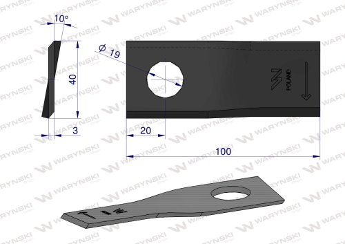 Nóż nożyk kosiarka prawy 100X40X3mm otwór 19 zastosowanie RS 100/3 Sipma WARYŃSKI 2