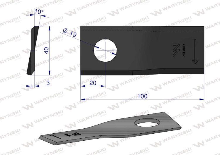 Nóż nożyk kosiarka prawy 100X40X3mm otwór 19 zastosowanie RS 100/3 Sipma WARYŃSKI 2