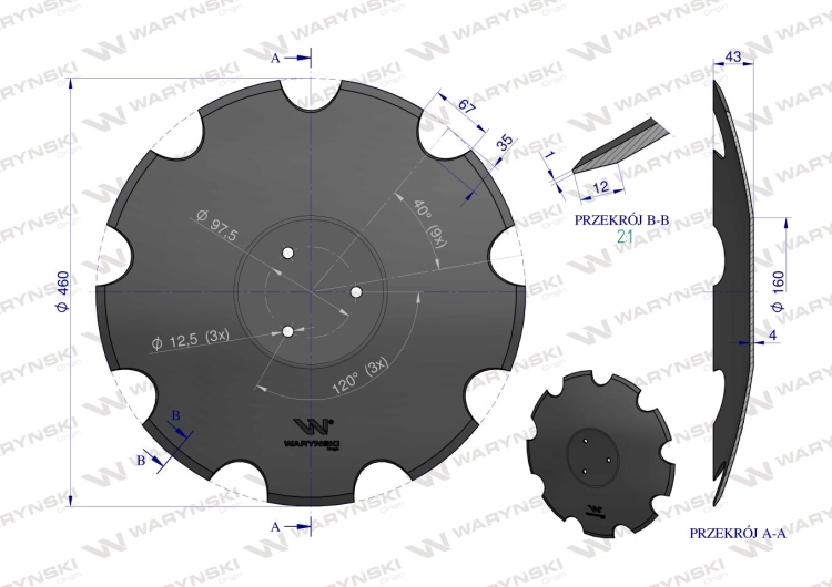 Talerz uzębiony Z-9 fi 460 mocowanie 3 / 97mm grubość 4mm zastosowanie Horsch 23246102 Waryński 3