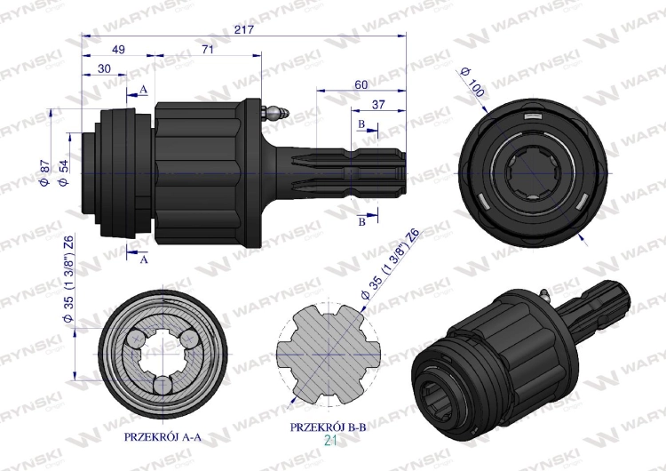 Sprzęgło zewnętrzne zapadkowe wału 500Nm - 1 3/8 Z6 Waryński 3