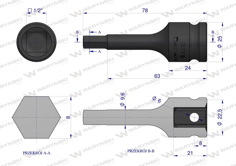 Nasadka udarowa 1/2" imbusowa 8mm hex H8 ze stali CrMo Waryński 3