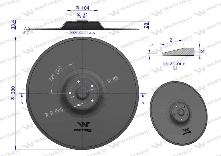 Krój talerzowy tłoczony 380mm mocowanie 5 / 83mm grubość 3mm zastosowanie Pottinger 8504330810 Waryński 3