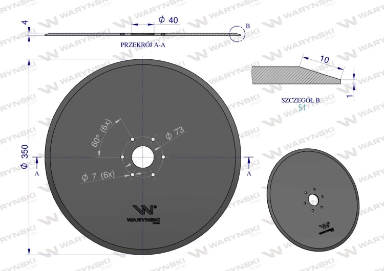 Krój talerzowy prosty 350mm mocowanie 6 / 73mm grubość 4mm zastosowanie Horsch 00310914 Waryński 3