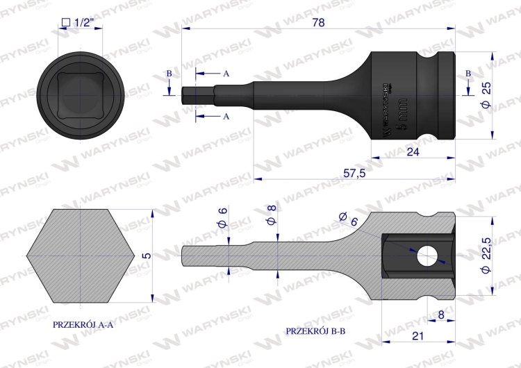 Nasadka udarowa 1/2" imbusowa 5mm hex H5 ze stali CrMo Waryński 3