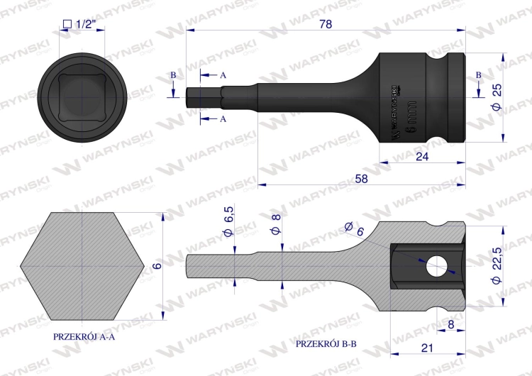 Nasadka udarowa 1/2" imbusowa 6mm hex H6 ze stali CrMo Waryński 3