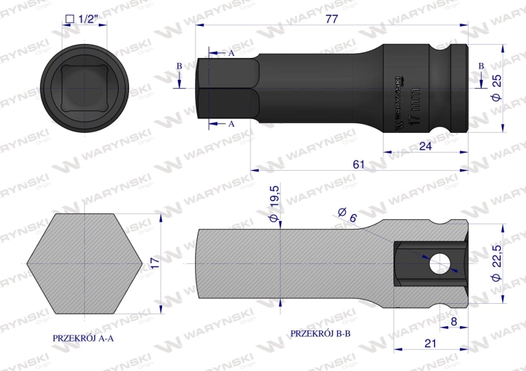 Nasadka udarowa 1/2" imbusowa 17mm hex H17 ze stali CrMo Waryński 3