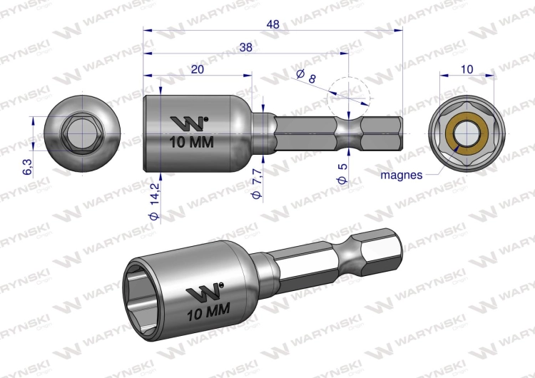 Nasadka 10mm z uchwytem narzędziowym do wkretarki długość 48 mm Waryński 2