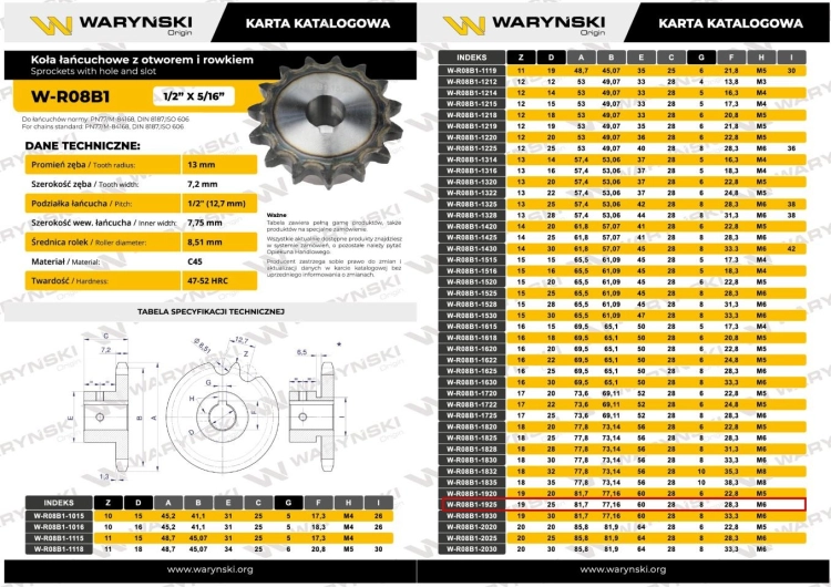 Koło łańcuchowe hartowane 08B1 (R1 1/2) Z-19 otwór 25mm Waryński 3