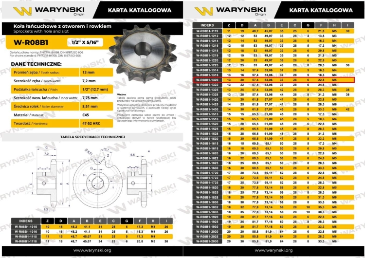 Koło łańcuchowe hartowane 08B1 (R1 1/2) Z-13 otwór 20mm Waryński 3
