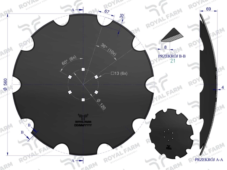Talerz uzębiony Z-10 fi 560 mocowanie 6/120 grubość 4 mm stal borowa Royal Farm 4