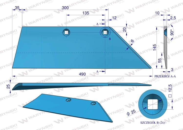 Lemiesz prawy 18" 3352030 zastosowanie SB 45 RE Lemken Pług stal borowa WARYŃSKI 3