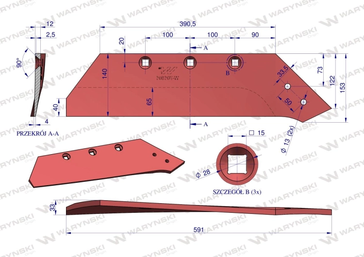 Lemiesz prawy 16" 701301 Akpil WSM 40 stal borowa Waryński 3