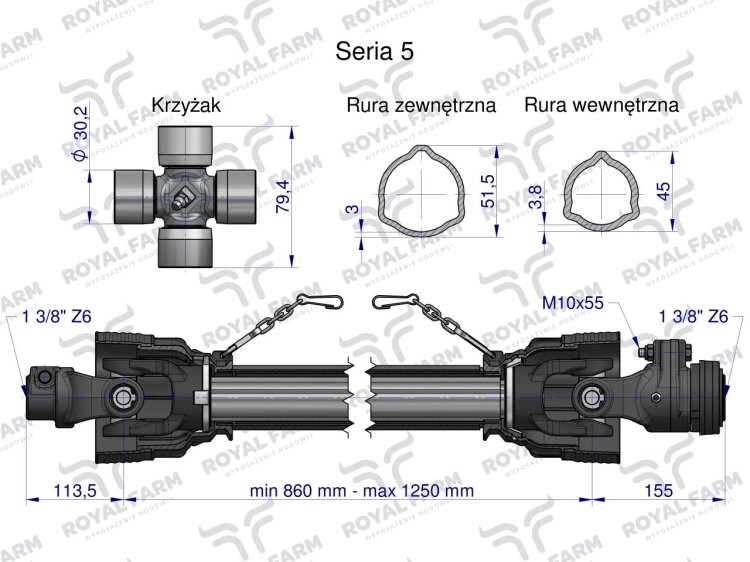 Wał przegubowo-teleskopowy 860-1250mm 620Nm sprzęgło z kołkiem 2200Nm 60960 CE 2020 seria 5R Royal Farm 3
