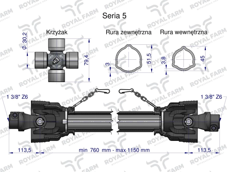 Wał przegubowo-teleskopowy 760-1150mm 620Nm 60240 CE 2020 seria 5R Royal Farm 2